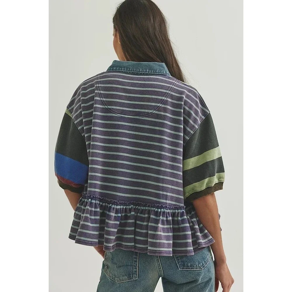 Free People Harbor Stripe Blouse Top Short Sleeves Print Ruffle Cotton S 290010